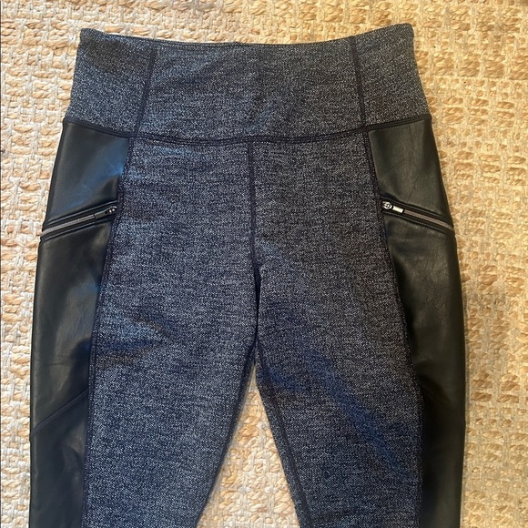 Athleta Black and Gray Patterned Leggings, herringbone pattern with leather - Picture 5 of 8